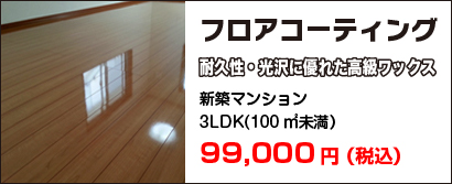 愛知県でフロアコーティング|耐久性・光沢に優れた高級ワックス新築マンション
3LDK(100㎡未満）|78,000円（税込）