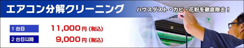 エアコン分解クリーニング|ハウスダスト・カビ・花粉を徹底除去！|10,500円（税込）1台目|8,500円（税込）2台目以降